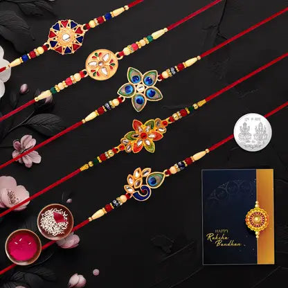 Set Of 5 Fancy Rakhis For Brother  Designer Floral Rakhi Combo With Silver Coin Roli Chawal  Greeting Card Set Of 5 Fancy Rakhis For Brother  Designer Floral Rakhi Combo With Silver Coin Roli Chawal  Greeting Card